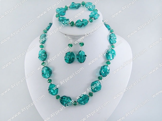 Nice Deep Green Series Irregular Shape Colored Glaze And Crystal Sets (Necklace Bracelet With Matched Earrings)