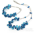 Fashion Dark Blue Freshwater Pearl And Teardrop Crystal Wired Jewelry Sets (Necklace With Matched Bracelet)