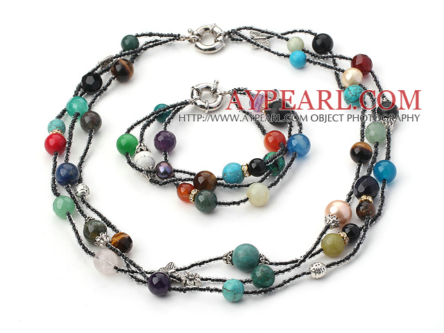 Fashion Natural Multi Color Mixed Round Stone Jewelry Sets (Necklace With Matched Bracelet)