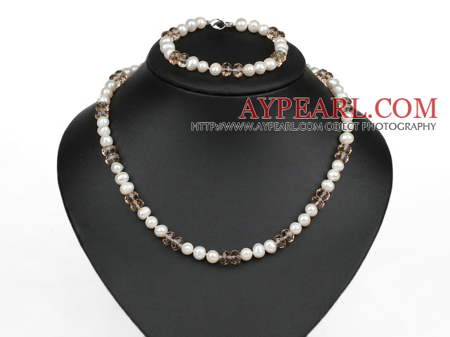 7-8Mm Natural White Freshwater Pearl And Smoky Color Crystal Set (Necklace With Matched Bracelet)