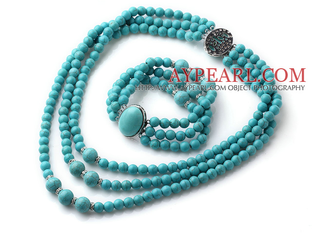 Elegant Design Three Strands Round Blue Turquoise Beaded Jewelry Set (Necklace with Matched Bracelet)