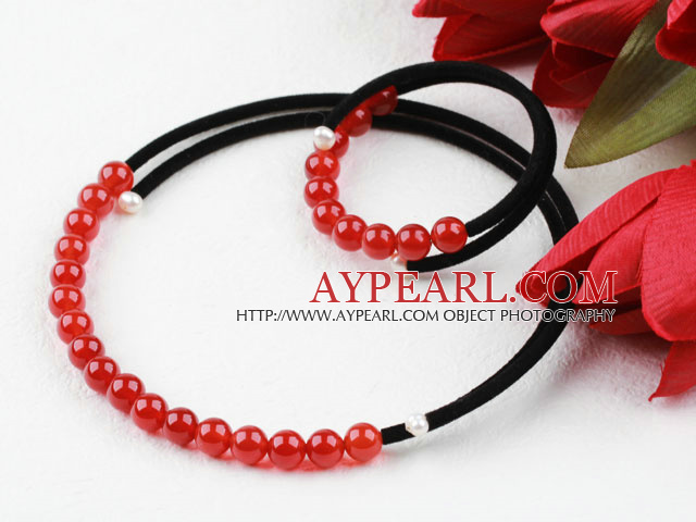 Beautiful Leather Red Agate Sets(Necklace And Matched Bracelet )