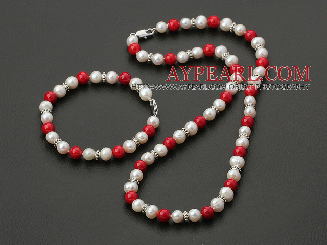 Elegant White Freshwater Pearl And Red Coral Set(Necklace With Matched Bracelet)