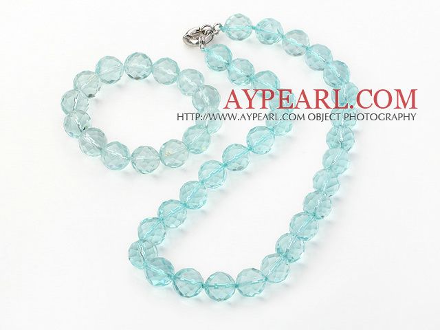 Elegant 14Mm Round Aquamarine Blue Crystal Beaded Sets (Necklace With Matched Elastic Bracelet)
