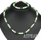 7-8Mm Natural White Freshwater Pearl And Green Crystal Set (Necklace With Matched Bracelet)