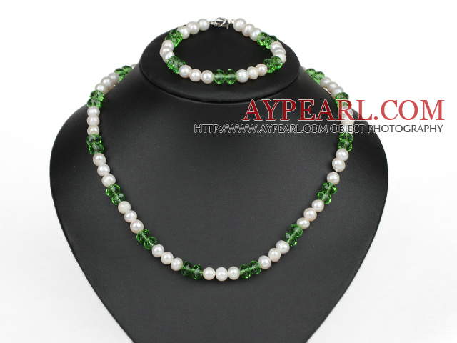 7-8Mm Natural White Freshwater Pearl And Green Crystal Set (Necklace With Matched Bracelet)