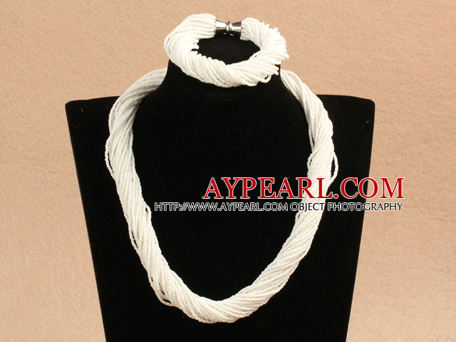 Popular Style Multi Strands White Mini Beads Twisted Chunky Party Jewelry Set (Necklace & Bracelet)