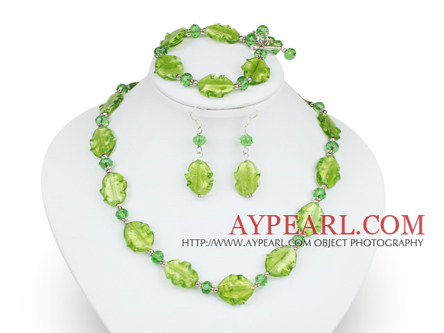 Nice Green Series Irregular Shape Colored Glaze And Crystal Sets (Necklace Bracelet With Matched Earrings)