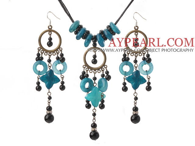 Fashion Round Black Agate And Donut Flower Shape Blue Jade Pendant Jewelry Sets (Necklace With Matched Earrings)