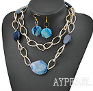 blue agate necklace earrings set with big metal loops