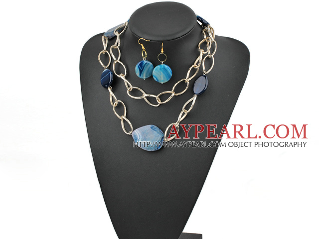 blue agate necklace earrings set with big metal loops