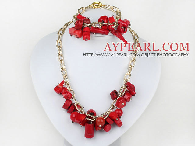 red coral necklace bracelet set with gold color chains