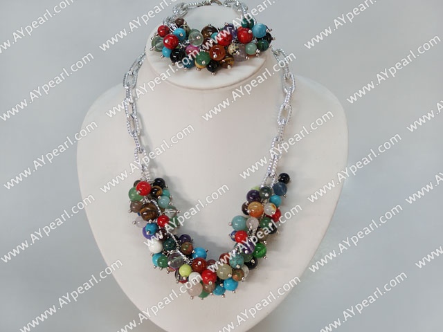 Fashion Loop Chain Multi Colorful Mixed Stone Beads Necklace Bracelet Set