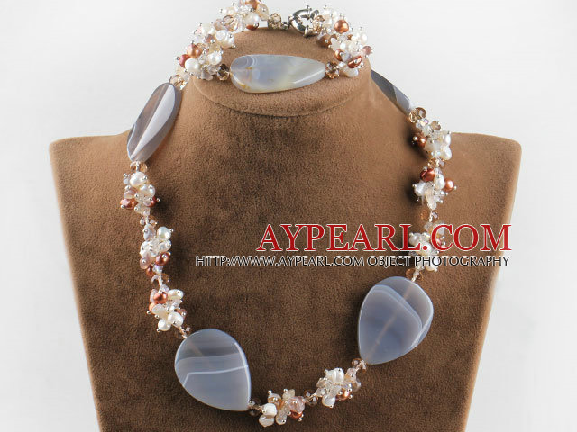 brun pärla kristall och agat halsband armband set med månsken lås