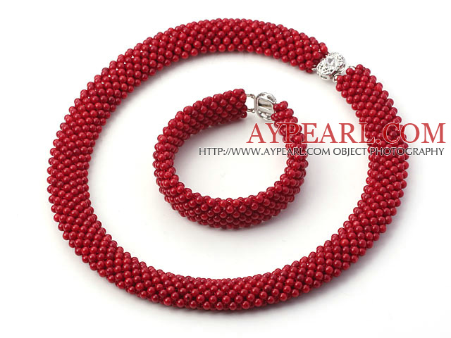 Tube Shape Round Red Coral Woven Beaded Set ( Necklace and Matched Bracelet )