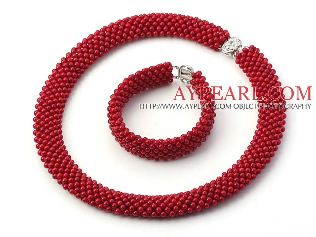 Tube Shape Runde Red Coral Woven Beaded Set (halskjede og matchede armbånd)