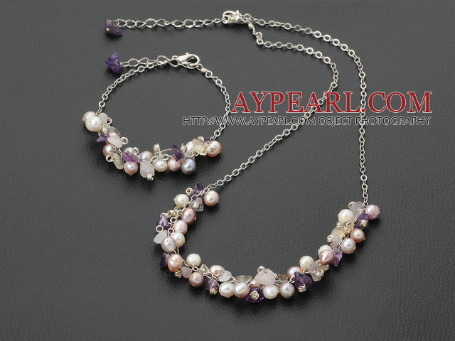 Fashion Multi Color Freshwater Pearl Rose Quartz Amethyst Link Set (Necklace With Matched Bracelet)
