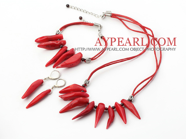 Pepper Shape String&Strand Red Coral Set(Necklace, Bracelet And Matched Earrings)