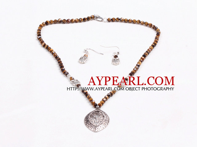 Enkel stil fasetterad Tigeröga sten pärlor smycken set (halsband med matchande örhängen)