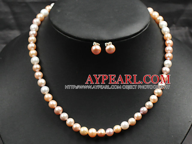 7-8mm Hvit Pink og Violet Color Pearl Necklace og matchet Studs øredobber Sets