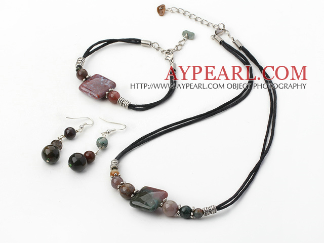 Elegant Round And Square Shape Indian Agate Set With Black Cord (Necklace Bracelet With Matched Earrings)