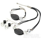 Fashion Rhombus White Crystal And Black Agate Set Necklace Bracelet Earrings Set