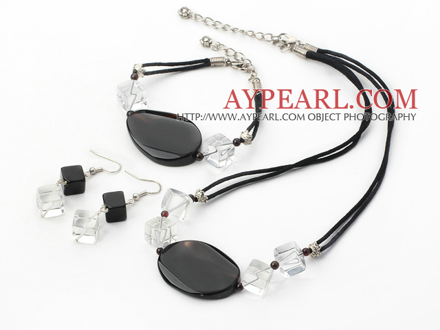 Fashion Rhombus White Crystal And Black Agate Set Necklace Bracelet Earrings Set