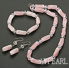 Nice Pink Series Twisted Cylinder Shape Rose Quartz And White Crystal Sets (Necklace Bracelet With Matched Earrings)