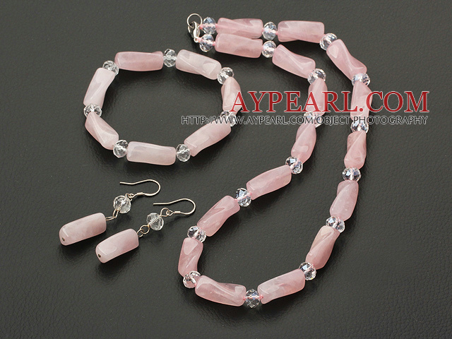 Nice Pink Series Twisted Cylinder Shape Rose Quartz And White Crystal Sets (Necklace Bracelet With Matched Earrings)