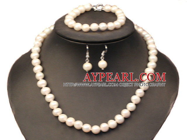 Graceful Mother Gift 8-9mm Natural White Freshwater Pearl Jewelry Set (Halsband, armband & örhängen)