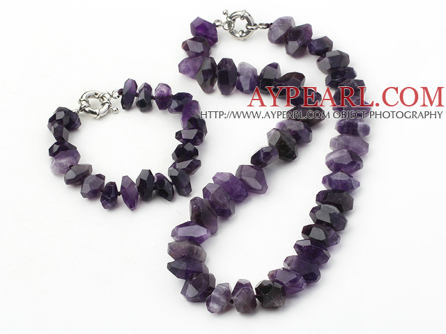 Classic Chunky Faceted Natural Amethyst Stone Jewelry Set (Necklace With Matched Bracelet)
