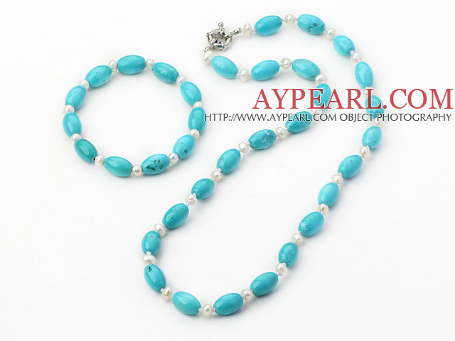 Fashion White Freshwater Pearl And Oval Blue Turquoise Set (Necklace With Matched Bracelet)