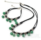 Elegant Round Aventurine Bead Necklace Bracelet Sets With Knitted Black Leather Cords