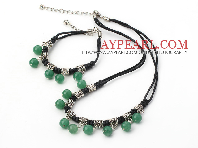 Elegant Round Aventurine Bead Necklace Bracelet Sets With Knitted Black Leather Cords