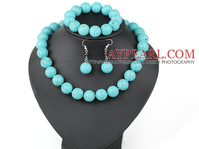 sellable 16mm round turquoise necklace bracelet earring set 