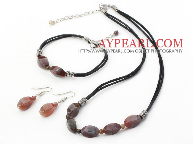 Popular Irregular Shape Indian Agate Set With Black Cord (Necklace Bracelet With Matched Earrings)