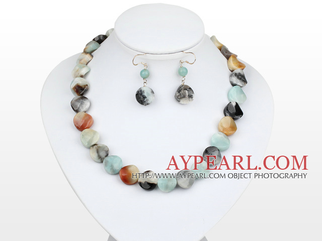 Fashion Flat Round Amazon And Mixed Agate Stone Set (Necklace With Matched Earrings)