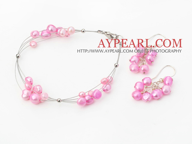Nice Cluster Style Pink Freshwater Pearl Wired Jewelry Sets (Necklace With Matched Earrings)