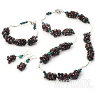 Fashion Cluster Style Chipped Garnet And Blue Turquoise Wired Sets (Necklace Bracelet With Matched Earrings)