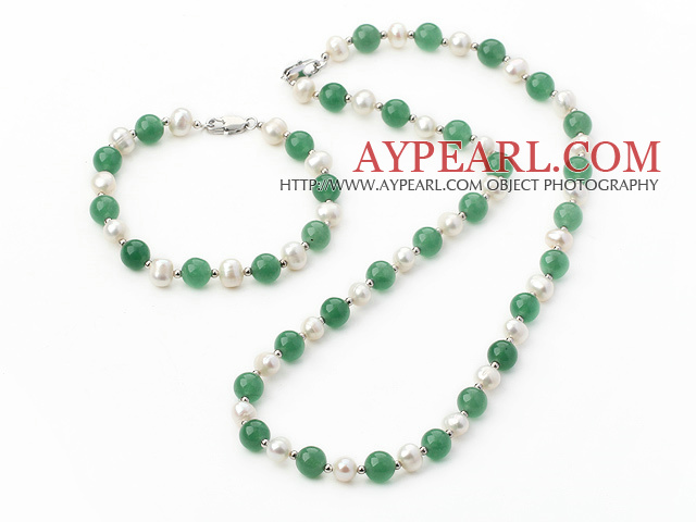 Popular White Freshwater Pearl And Round Aventurine Set (Necklace With Matched Bracelet)