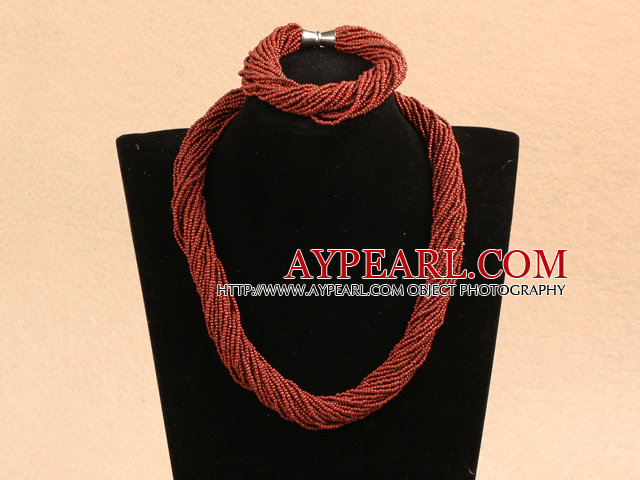 Populäre Art Multi Strands Deep Red Mini Perlen Verdrehte Chunky Partei Schmuck-Set (Halskette und Armband)