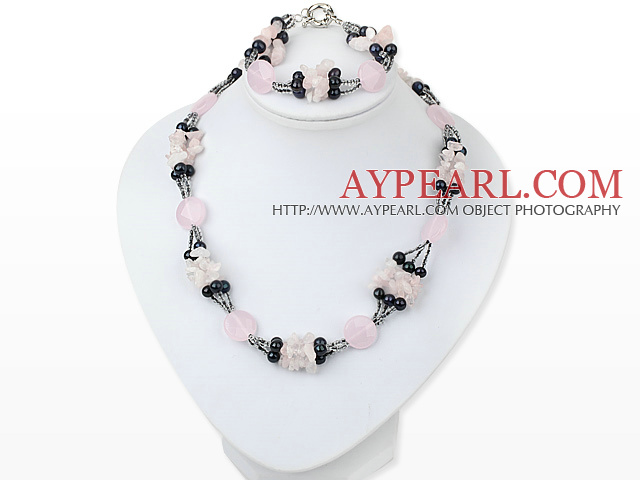three strand stunning dark pearl rose quartze necklace bracelet set 