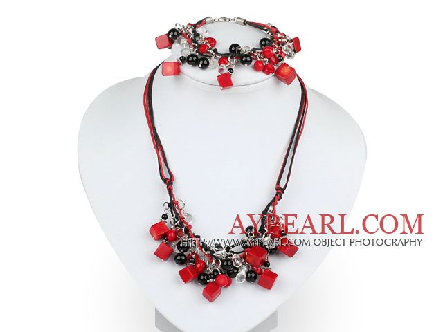 Fashion Multi Red Coral And Black Agate Threaded Crystal Jewelry Sets (Necklace With Matched Bracelet)