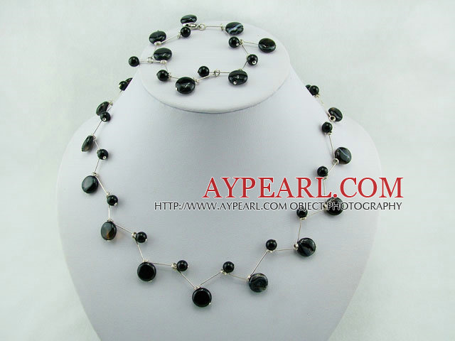 Elegant Black Agate Hand-Knitted Wire Necklace Bracelet Set