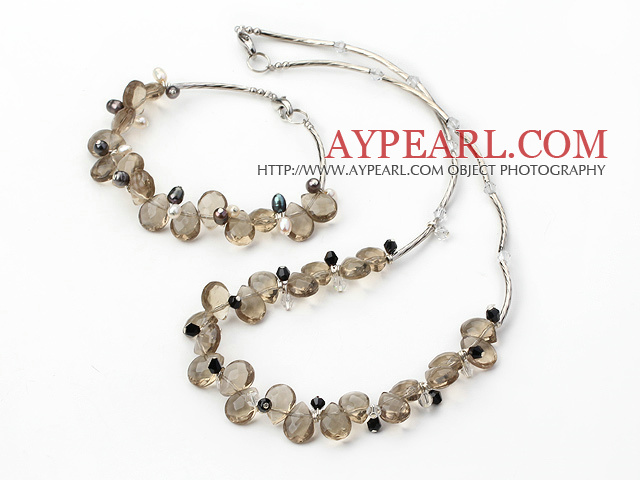 Fashion Multi Color Pearl And Teardrop Smoky Quartz Wired Jewelry Sets (Necklace With Matched Bracelet)