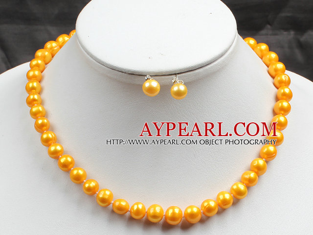 8-9mm Yellow Color Pearl Necklace and Matched Studs Earrings Sets
