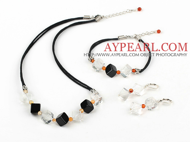 Elegant Rhombus Black Agate And White Crystal Set With Black Cord (Necklace Bracelet With Matched Earrings)