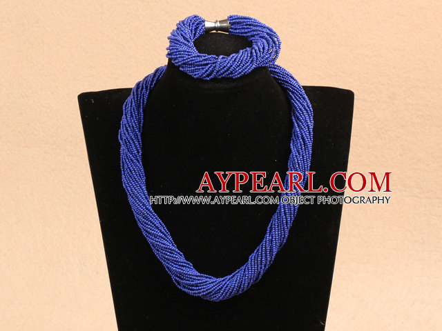 Populära Style Multi Strands Deep Blue Mini pärlor Twisted Chunky Party Smycken Set (Halsband och armband)