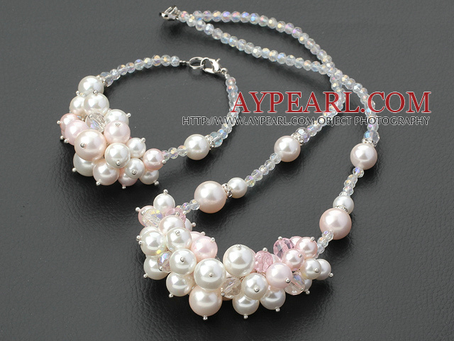 Lovely Colorful Crystal And White Pink Round Seashell Beads Set (Necklace With Matched Bracelet)