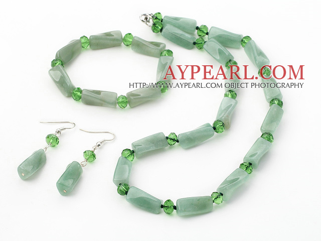 Nice Green Series Twisted Cylinder Shape Aventurine And Crystal Sets (Necklace Bracelet With Matched Earrings)